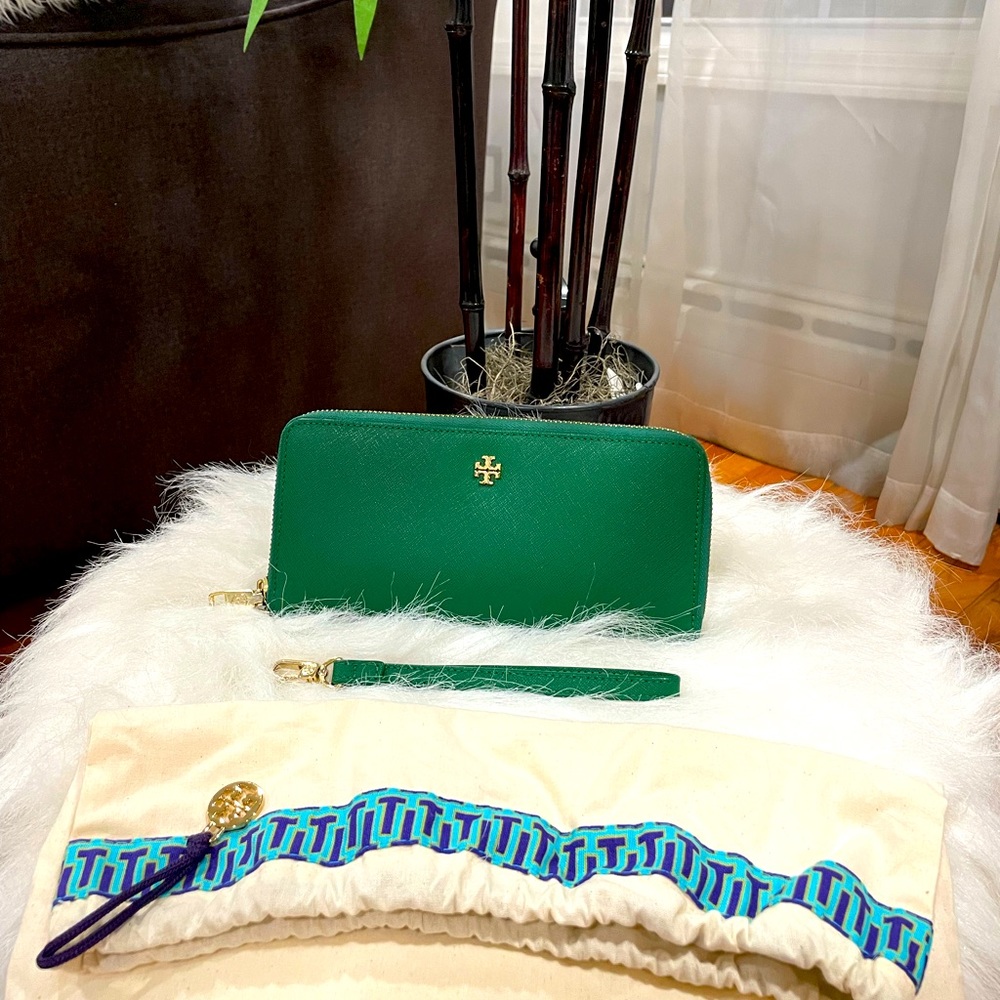 Green leather zip-around wallet.